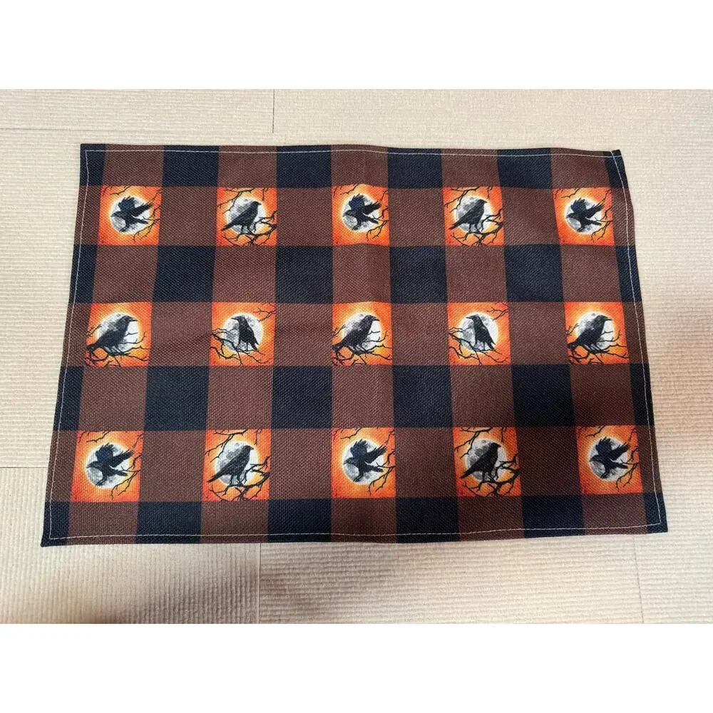Halloween Crow Placemats (5) Buffalo Plaid Full Moon Raven Gothic Autumn Fall